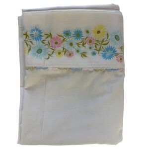 Vintage White Floral Flat Sheet Blue Pink Yellow Daisy Scalloped Edge Twin 70s